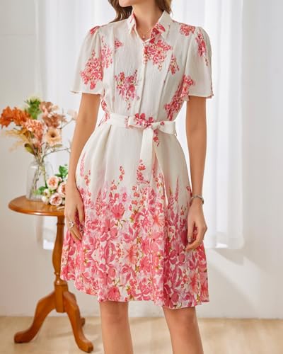 Image of Women Long Sleeve Spring Button Down A-Line Floral Print Summer Cocktail Shirt Dresses with Belt