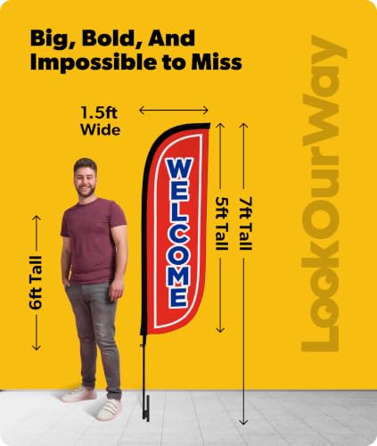 Image of LookOurWay Feather Flag Pole Kit - 7 Feet Tall Advertising Banner with Fiberglass Pole Set and Ground Spike for Business Promotion - Open Flags - Welcome Red & Blue