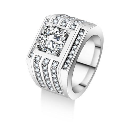 2.8CCTW Mens Moissanite Wedding Bands, D Color 18K White Gold Plated Sterling Silver,Round cut 3 rows Anniversary Band Ring for Men‘s Gift2