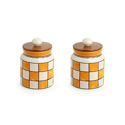 Image of ExclusiveLane 'Shatranj Checkered' Multi Utility Storage Ceramic Jars for Kitchen Storage with Iron Tray (Air-Tight, Set Of 2, 410 ml) | Ceramic Container with Tray Storage Jars