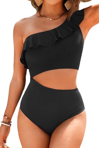 Women One Piece Cutout Swimsuits - One Shoulder Ruffle Cut Out Bathing Suit Swimwear Monokini 2025