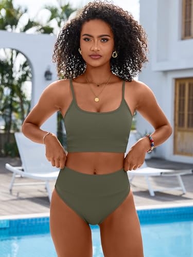 Image of ANRABESS Women's High Waisted Bikini Sets,Color Block 2 Piece Swimsuits,Tummy Control Bathing Suits,Thick Ribbed Beach Wear