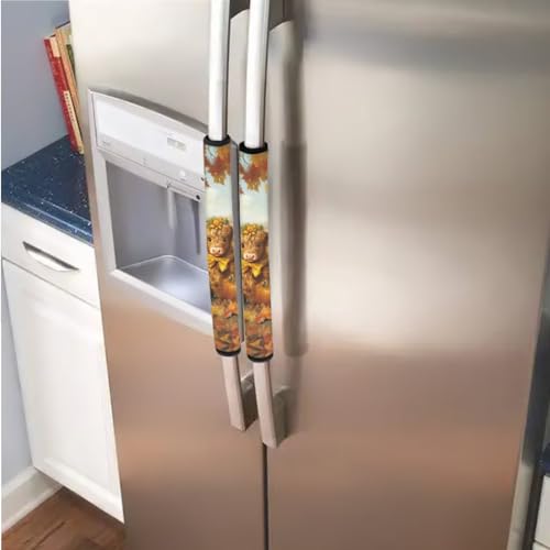 Image of Refrigerator Door Handle Covers Set of 6 Kitchen Electrical Appliance Decor Handles Keep Clean Anti-Slip Fridge Accessories Autumn Home Decor, Highland Cow Pumpkin Fall Leaf