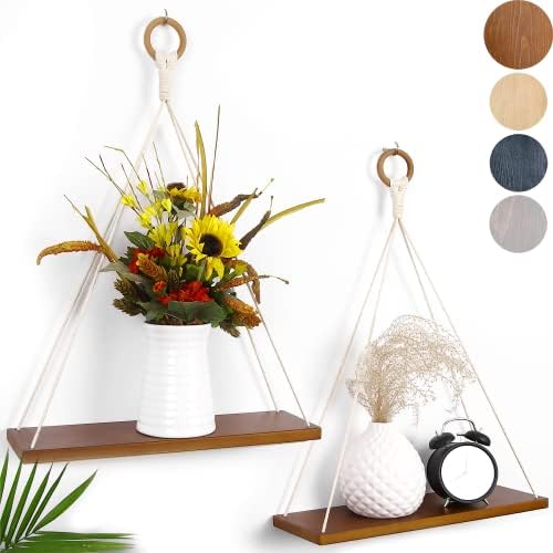 FORESTBARN Hanging Shelves -Set of 2- Floating Shelves for Wall - Boho Wall Decor Shelves - Macrame Wall Hanging Shelf - Plant Shelf - Boho Wall Hanging Shelves - Bedroom Wall Decor - Rope Shelves