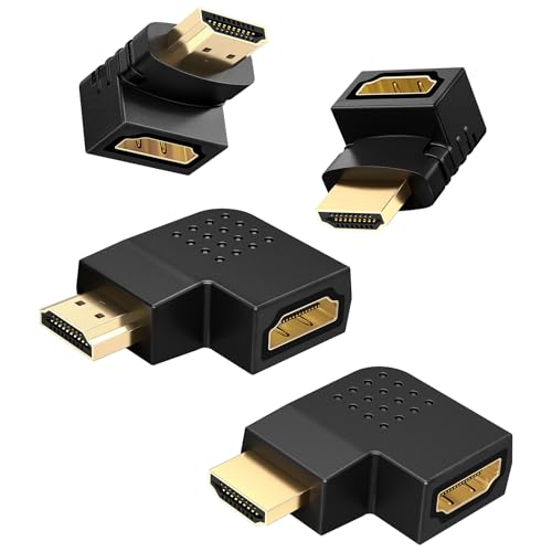 J&D 4 Pack HDMI Anguloso de HDMI Adaptador, Macho a Hembra 90 Grados y 270 Grados Ángulo Recto y 90 Grados Ángulo Izquierdo y Derecho Adaptador HDMI Plano Vertical con Conectores Chapados en Oro