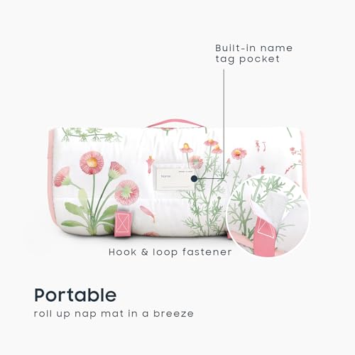 Image of Wake In Cloud - Toddler Nap Mat with Pillow and Blanket, 100% Cotton Fabric, for Kids Girls Ages 3 Plus in Daycare Kindergarten Preschool, Sleeping Bag, Botanical Flowers