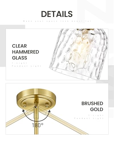 Image of zeyu Vintage Glass Hanging Lights 2 Pack, Kitchen Pendant Lights, Ceiling Hanging Light Fixtures with Clear Hammered Glass, Brushed Gold Finish, ZJF63MIL-L-2PK BG