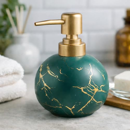 Image of Luxury Ceramic Soap Dispenser (Luxe Green) - 350ml Round Modern Refillable Lotion Shampoo Handwash Bottle Matte Green with Gold Marbling Premium Countertop Accessory for Bathroom, Kitchen & Wash Basin