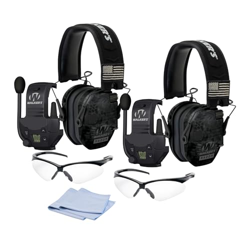 Walkers Razor Patriot Series Hi-Gain Omnidirectional Microphone Electronic Muffs (Kryptek Camo) Bundle with Walkie-Talkie Attachment, Protective Sport Glasses and Cleaning Cloth (2-Pack) - Walker's