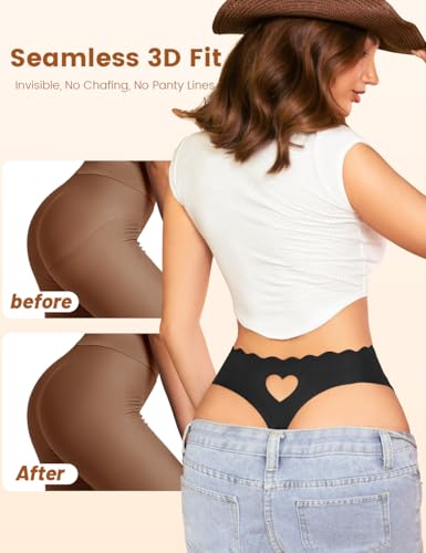 Womens Seamless Thongs Underwear No Show Thong Wave-waisted Invisible Panties Comfy Heart Cutout for Ladies 6 Pack4