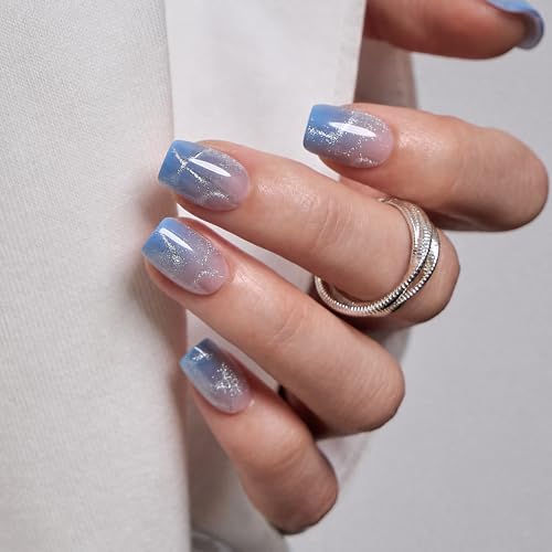 Image of CurvLife Soft Gel Square Press-On Nails Short, Blue Cat Eye Reusable Fake Nails with Glue & Adhesive Tabs, 30PCS Salon-Quality Stick-On Nails for At-Home Manicure (Aurora Drift)