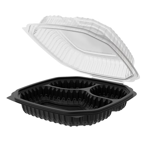 EcoQuality 9x9x3 Inch 3 Compartment Black Hinged Takeout Containers with Clear Lids Food Storage Clamshell for Meal Prep, Restaurant, Catering, and Takeout Packaging (80)