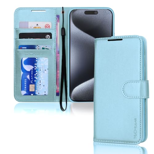 TECHGEAR iPhone 15 Pro Max Leather Wallet Case, Flip Protective Case Cover with Wallet Card Holder, Stand & Wrist Strap