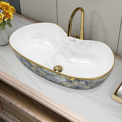 Image of Plantex Ceramic Wash Basin /Table Top Hand Washbasin /Designer Countertop Basin for Bathroom /Restaurants /Hotel (24.5x12.5x 5.5 -White & Blue)