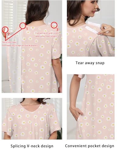 Image of Hospital Gowns for Women Open Back Tear Away Snap Post shoulder Dress Short Sleeve Soft Adaptive Clothing with Pockets
