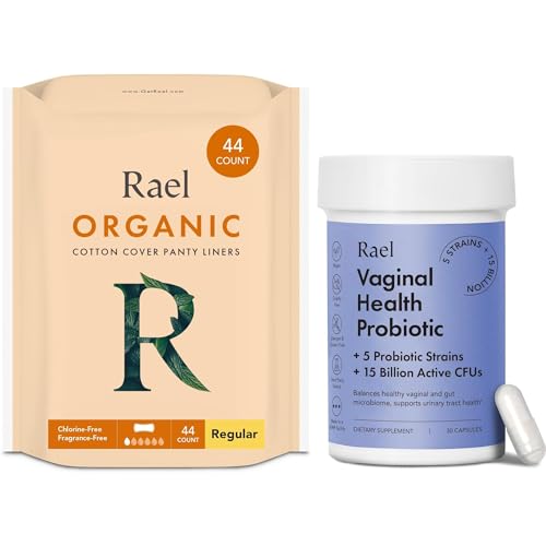 Rael Bundle - Organic Cotton Cover Panty Liners (Regular, 44 Count) & Probiotics Supplements for Women, Digestive Enzymes, Urinary Tract Health (30 Day Supply)