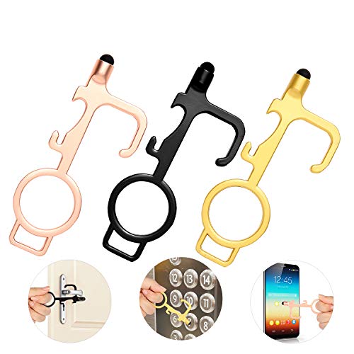 Zocy 3 Pack No Touch Door Opener for Handle and Button, Clean Key Keychain for Outdoor Public, Perfect Copper Zinc Alloy Germ Key Touchless Key Tool Pusher (Black/Gold/Rose Gold)