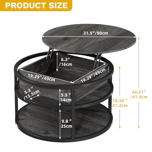 DWVO Round Coffee Tables for Living Room, Lift Top Coffee Table with Storage, Farmhouse Wood Coffee Table, Circle Small Coffee Tables Living Room for Home Decir Office, Grey