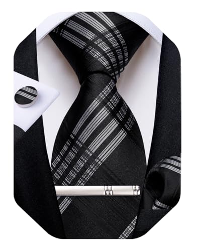Image of DiBanGu Plaid Ties for Men Silk Checkered Necktie and Pocket Square Cufflinks Tie Clip Set with Gift Box for Wedding Business