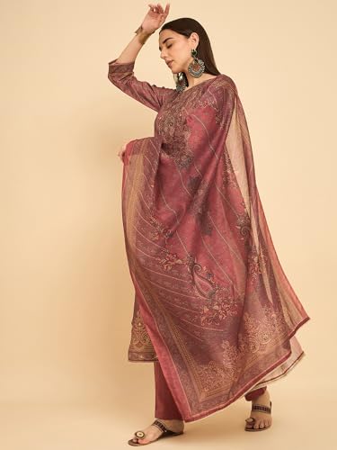 Image of SheWill Kurta Sets for Women - Red Rayon Aari Hand Work with Digital Floral Print Kurta with Pant and Chanderi Dupatta |Stylish Printed Summer Kurti Set