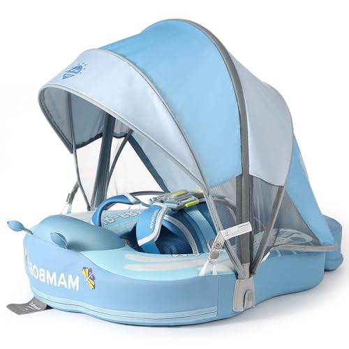 Image of Mambobaby Float Add Tail Baby Swim Float with Canopy Solid Pool Infant Swim Trainer Swimming Training Lying Air Free Water Floats Non-Inflatable Waist Swim Ring for Toddlers (Butterfly - Blue)