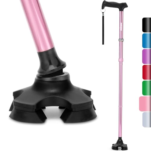 Rehand 折りたたみ式自立式 4点杖 つえ 杖 男女用 軽量 高齢者 8段階調節 (ピンク)