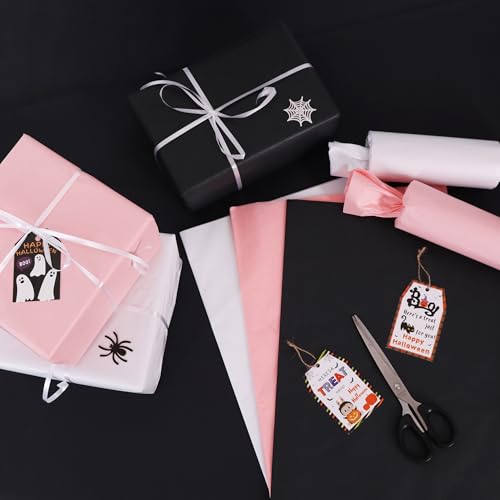 Image of BEISHIDA 90 Sheets Halloween Tissue Paper Bulk, Black Pink White Wrapping Ghost Tissue Paper for Gift Bags, 14 x 20 Inch Gift Wrap for Birthday Halloween DIY Crafts Decor Holiday Flowers
