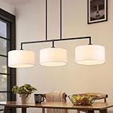 47' W Modern Linear Kitchen Island Pendant Light Fixture 3-Light White Linen Drum Shade Chandelier Black Metal Linear Chandeliers for Dining Room Farmhouse Hanging Light for Living Room, Bar, E26
