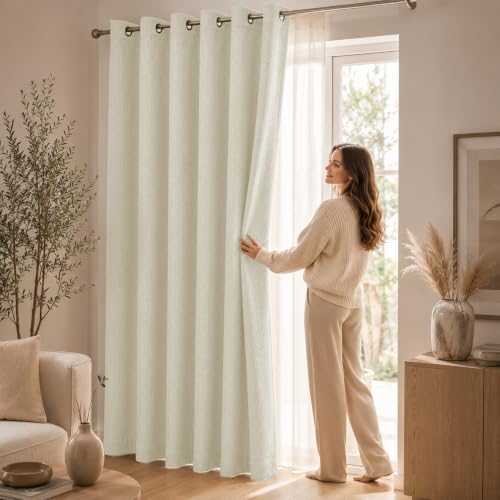 Image of LINENWALAS 100% Blackout Curtains for Door (7.5 Feet) - Set of 2 Panels, Herringbone Linen Texture Complete Light Block, Thermal Insulated & Noise Reducing Room Darkening Drapes (Pearl White)