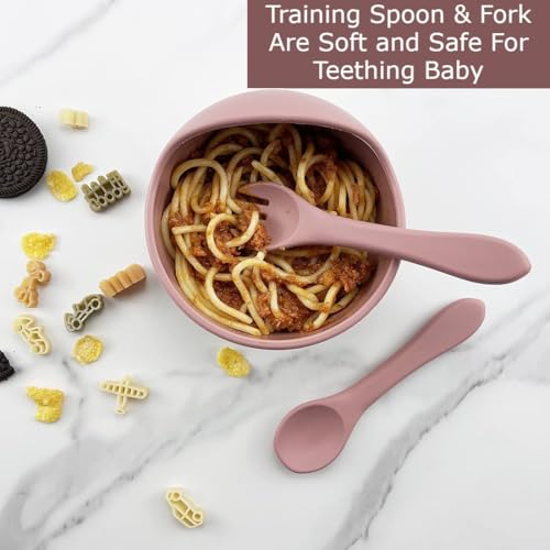 Image of Xacton Baby Feeding Bowl & Wood Solid Handle Spoon I Silicone Unbreakable Non-Slip Suction Base Design I BPA Free, Dishwasher, Freezer & Microwave Safe I Feeding Kit for Infants & Toddler (Pink)