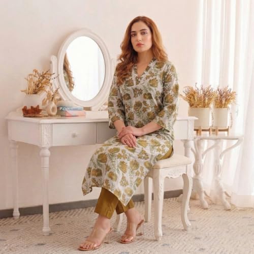 Image of ANNI Designer Kurta Set for Women Erode Rayon Printed | Kurti Set for Woman | Kurta Pant 2 Piece Outfit | V Neck 3 /4 Sleeve Regular Fit Ethnic Dress Stylish Kurta Sets for Women Clothing