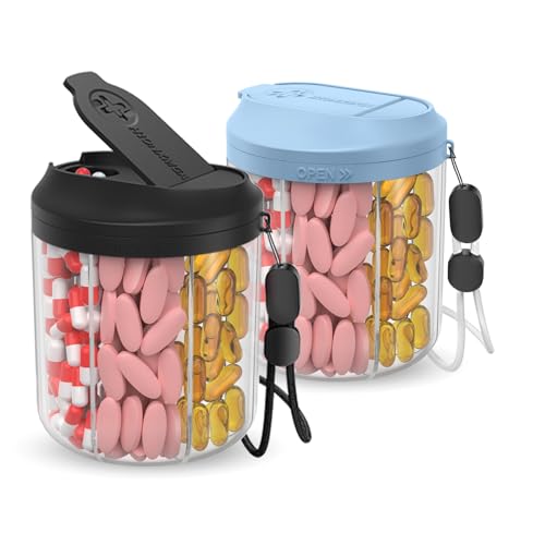 Image of Hionxmga Pill Dispenser with 7 Large Compartments, 4.4 inch H x 3.6 inch Dia Pill Organizer for Travel, Supplement Organizer with Anti-Mixing Design, BPA-Free Pill Container with 20 Pcs Labels, Black+ Blue