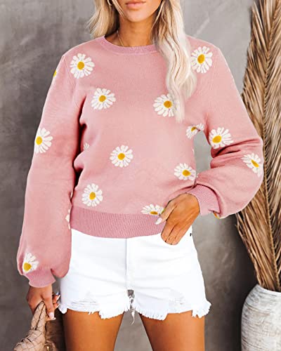 Dellytop Women's Daisy Knit Sweaters Crewneck Long Balloon Sleeve Casual Loose Solid Pullover Jumper Tops Pink #TOP2