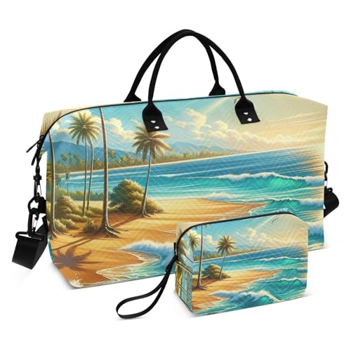 Beach Scene Palm Trees Travel Duffel Bag, Shoulder Weekender Overnight Bags - Large Gym Bag with Wet Pocket