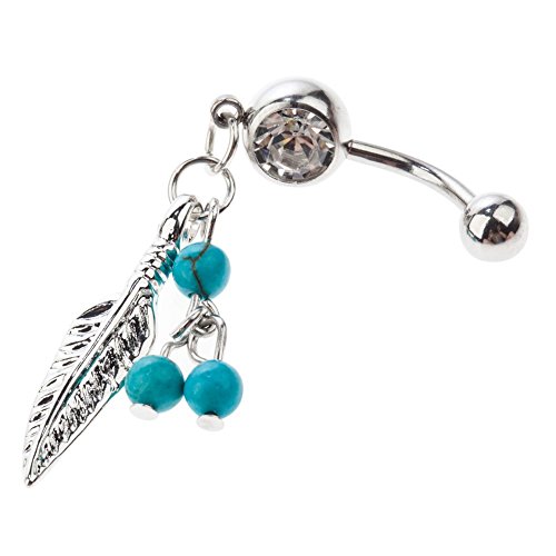 VAGA Belly Button Rings Women Body Jewelry Piercing Fashionable Great Quality stainless steel Belly Button Navel 14 Gauge Bananabell Piercing With Silver Leaf Pendant Dangle And 3 Blue Pearls Beads