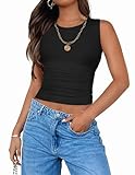 ZESICA Womens Summer Tank Tops 2026 Sleeveless Crewneck Knit Slim Fitted Side Ruched Casual Basic Shirt,Black,Medium