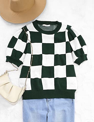 Image of Womens Puff Short Sleeve Sweater Tops Crewneck Basic Knit Pullover Lightweight Casual Sweaters