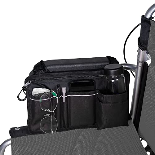 Wheelchair Side Bag,Double-Sided Armrest Pouch with Cup Hold and Reflective Strip, for Most Wheelchairs Walkers or Rollators
