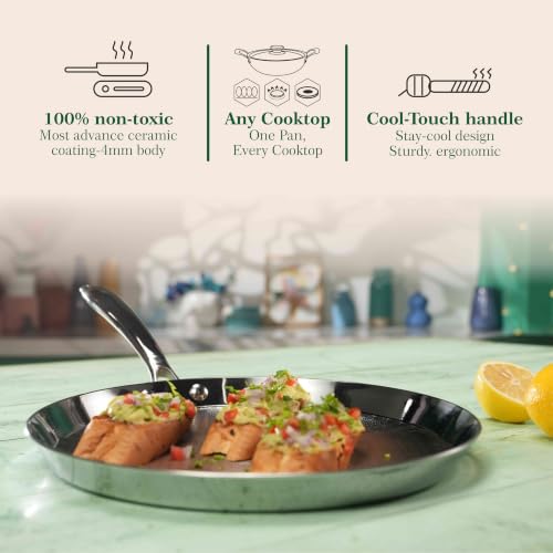 Image of The Chef Story Tri-Geo Quantaseal Ceramic Coated Triply Frypan with Lid | 32cm | PFOA & PFAS-Free | TUV Rheinland & BIS Certified | Non-Stick | Gas Induction Compatible | Brown | 5-Year Warranty