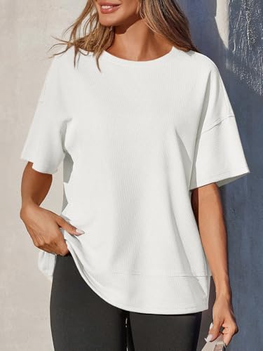 Tankaneo Womens Oversized Knit Tunic Tops Summer Casual Short Sleeve Round Neck T Shirt Loose Fit Side Split Waffle Tees2