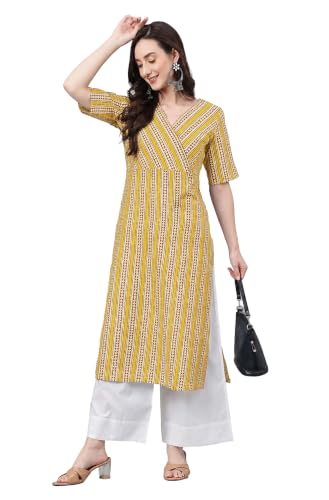 Image of Janasya Women's Mustard Pure Cotton Striped Printed Straight Kurta