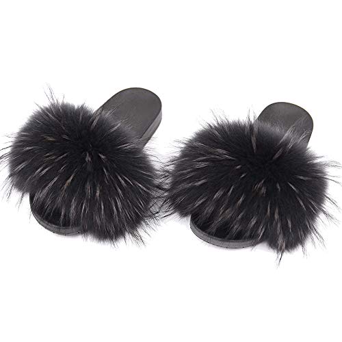 Jancoco Max Womens Fur Sliders Slippers Raccoon Fur Furry Slides Fashion Flat Soft Open Toe Fluffy Sandals