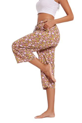 Image of Kabento 2 Pack Womens Pajama Pants Capri Sleep Lounge Pants Drawstring Pj Bottoms with Pockets
