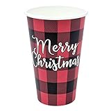 Greenhouse Compostables, Merry Christmas Paper Cups, 50 ct, 16oz - 100% Compostable, Red and Black Buffalo Check Plaid, Disposable Holiday Party Drinkware