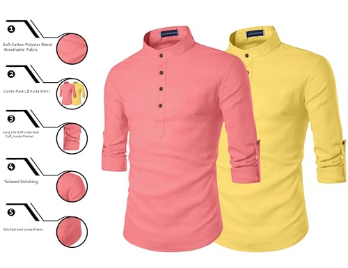 Image of Zombom Men's Combo Cotton Polyester Blend Solid Full Sleeve Straight Regular Fit Mandarin /Chinese Collor Kurta (Pack of 2)