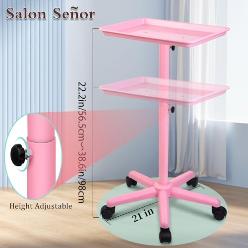 Image of Salon Senor Pink Salon Tray with Wheels, Height Adjustable Hair Color Service Tray for Spa, Tattoo, or Home Use