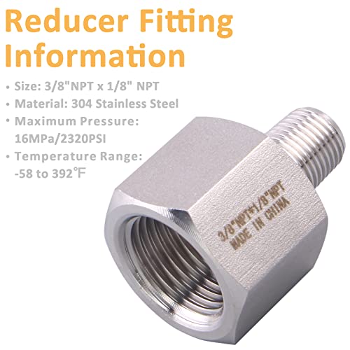 Image of Forged Reducer Adapter Fitting - Stainless Steel 304 Reducing Pipe Connector, 3 /8 inch NPT Female x 1 /8 inch NPT Male (pack of 2)