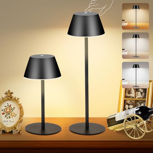 Image of Cordless Table Lamps, LED Rechargeable Battery Operated Lamp with 2 Adjustable Height 3 Colors Stepless Dimming, Touch Control Wireless Desk Lamp for Restaurant,Bars,Coffee Shop (Black Set of 2)