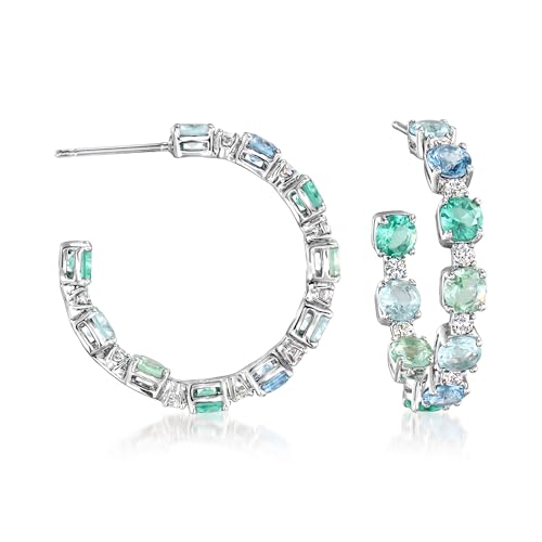 Ross-Simons Rhodium-Plated Hoop Earrings With Simulated Tonal Blue Gemstones and 4.20 ct. t.w. Czs