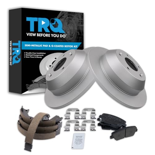 Image of TRQ Rear Brake Pad and Rotor Set Semi Metallic G Coated Rotors Parking Shoe Compatible with 2010-2012 Hyundai Santa Fe 2011-2013 Kia Sorento